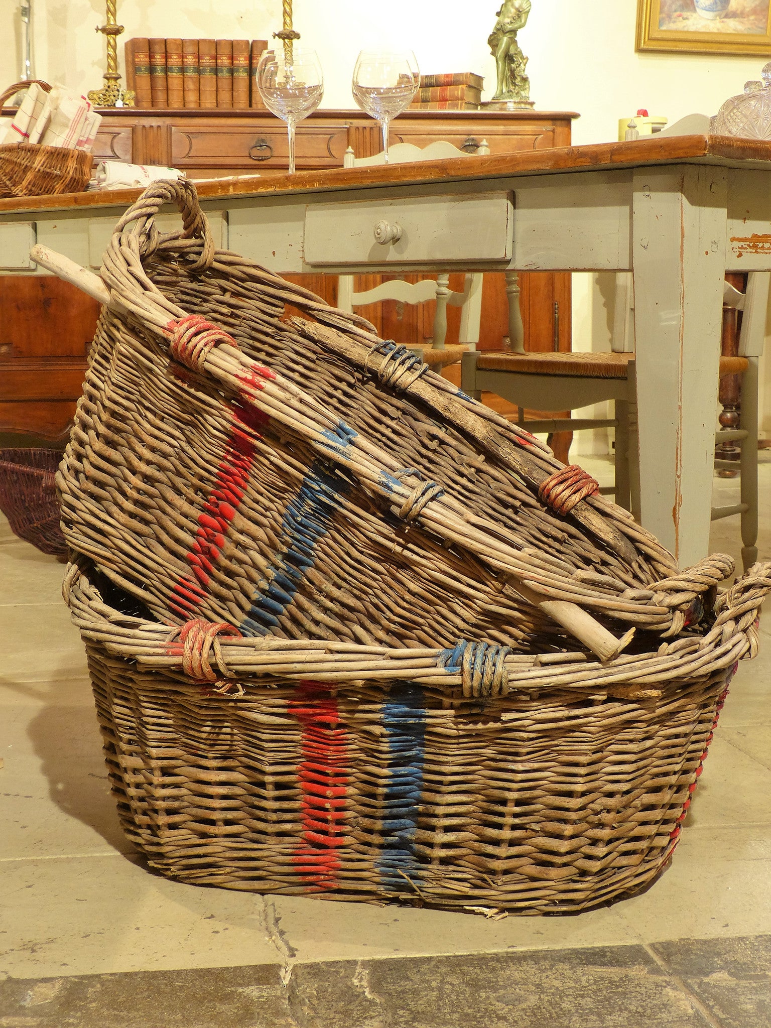 Large French wicker basket with red and blue