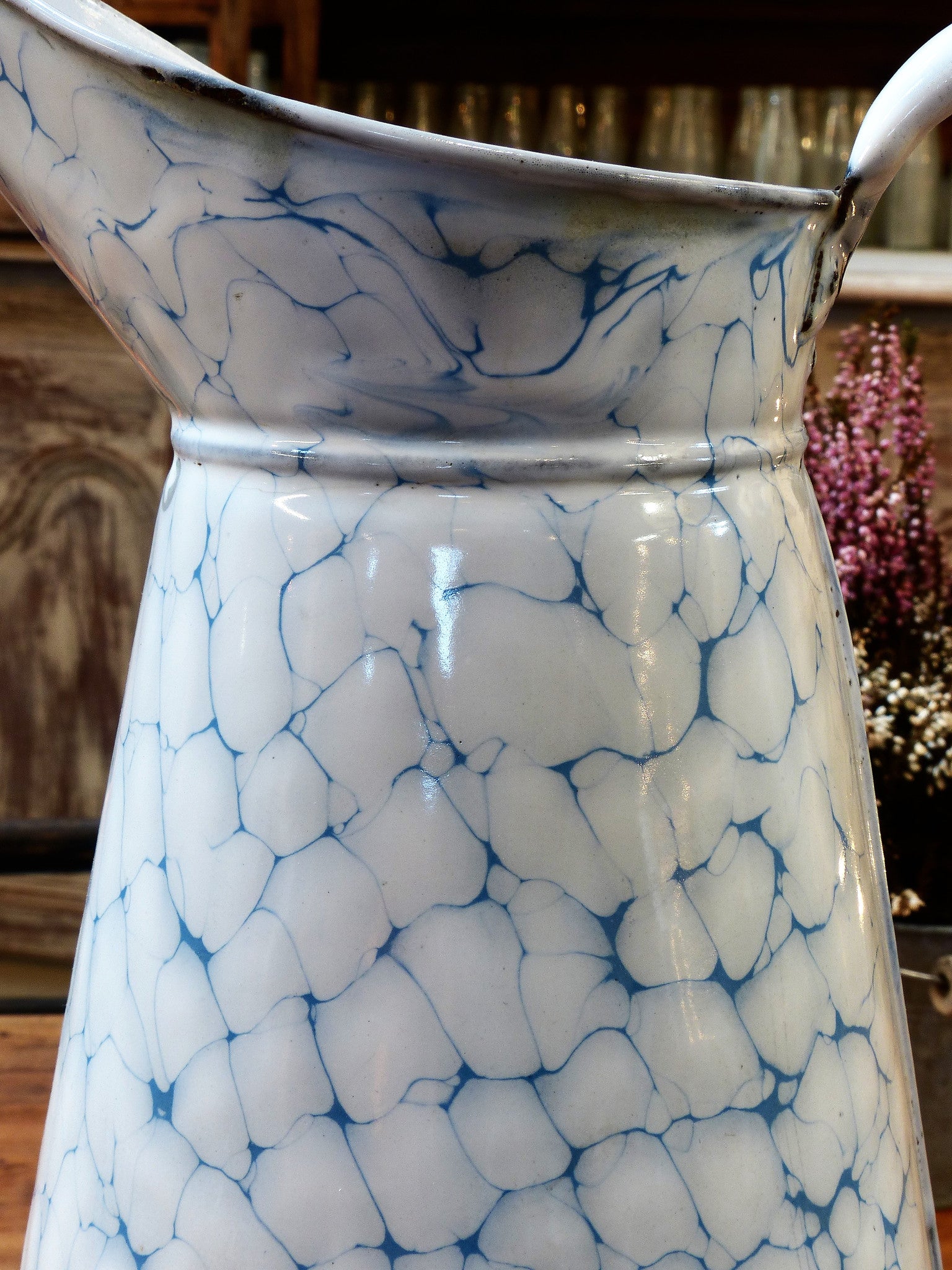 French vintage enamel jug with blue pattern