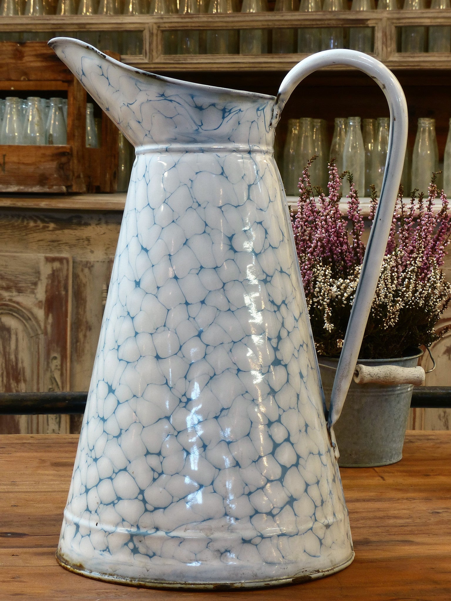 French vintage enamel jug with blue pattern