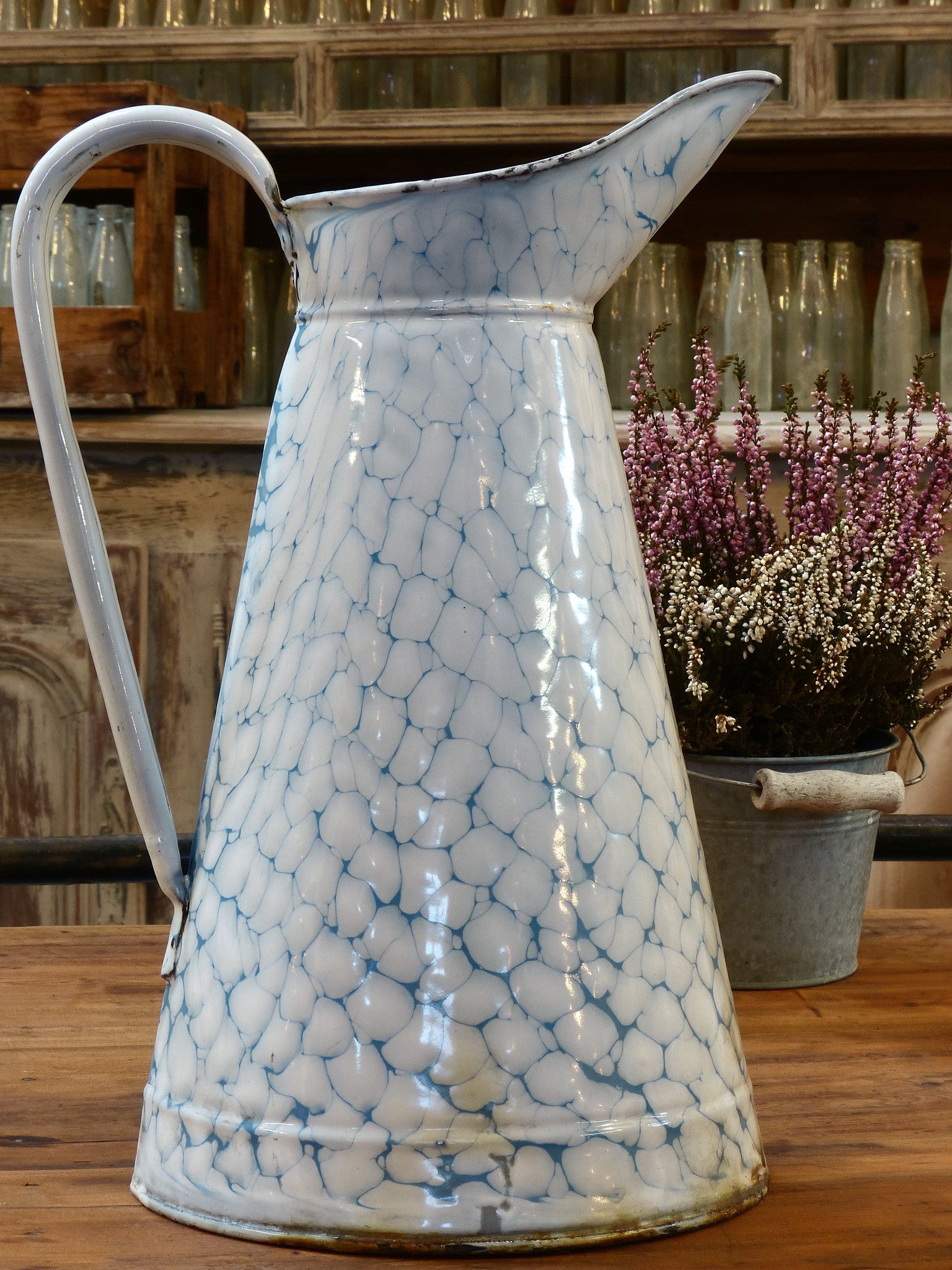 French vintage enamel jug with blue pattern