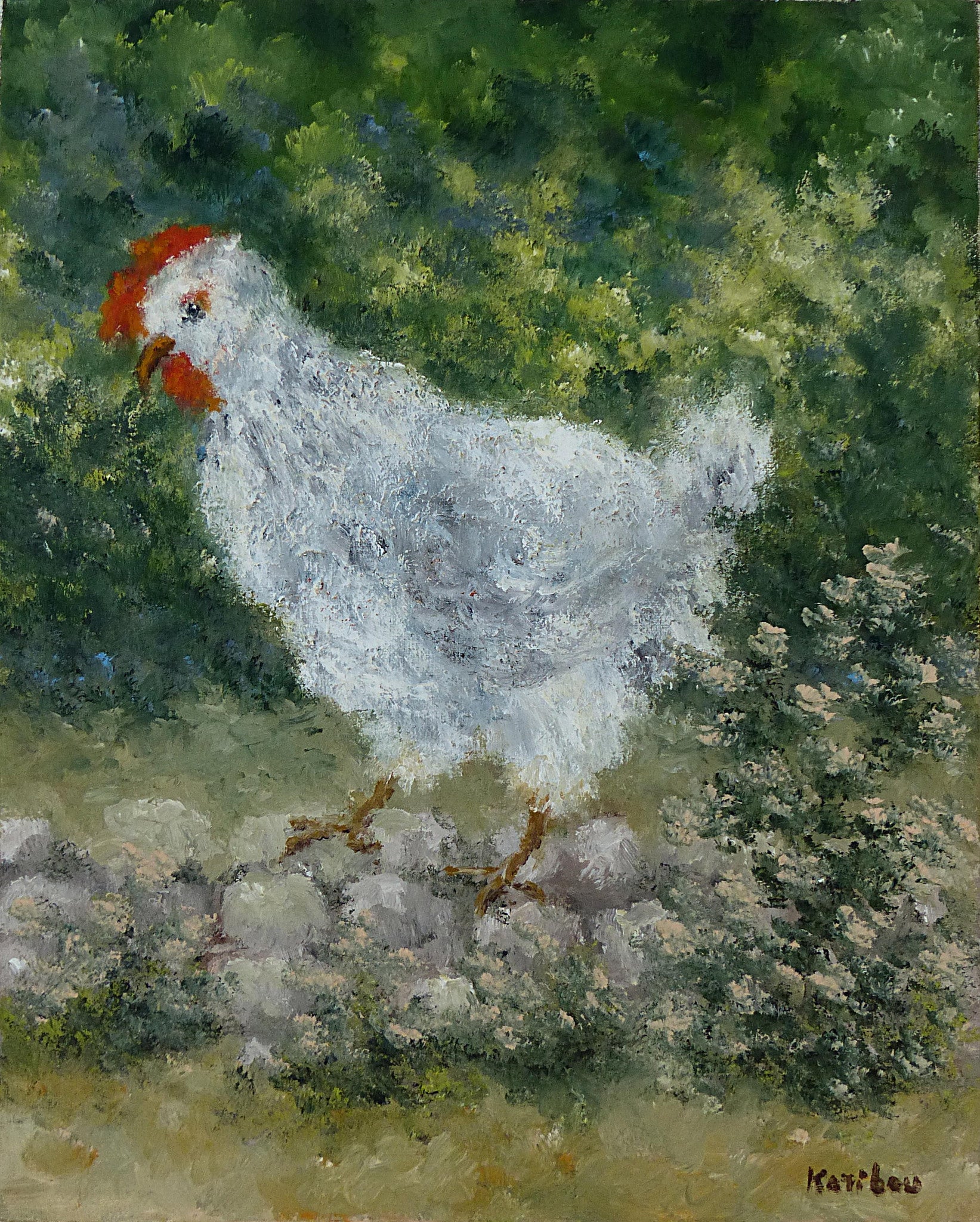 Une poule sur un mur