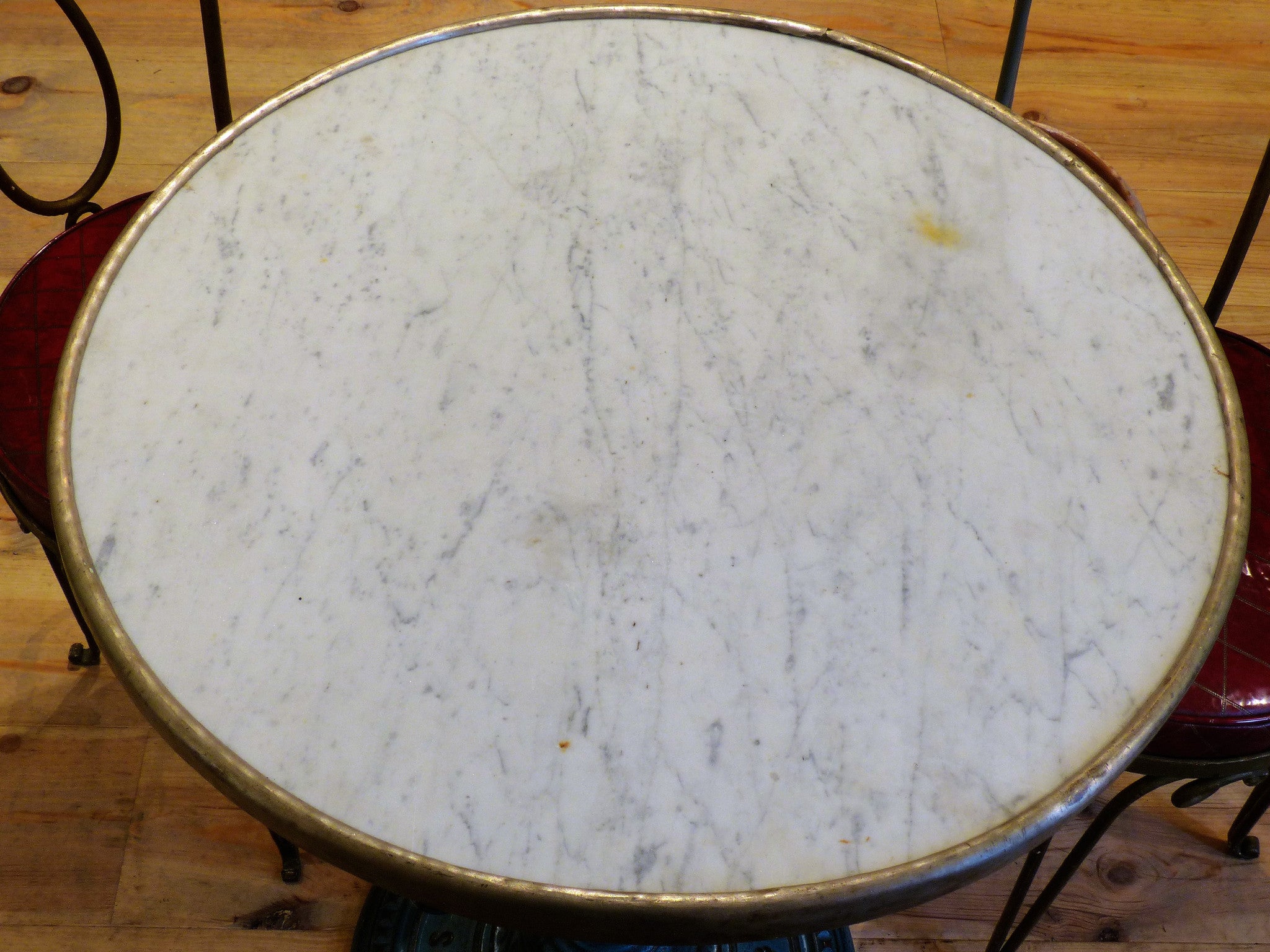 Bistro table, carrara marble, blue-green base