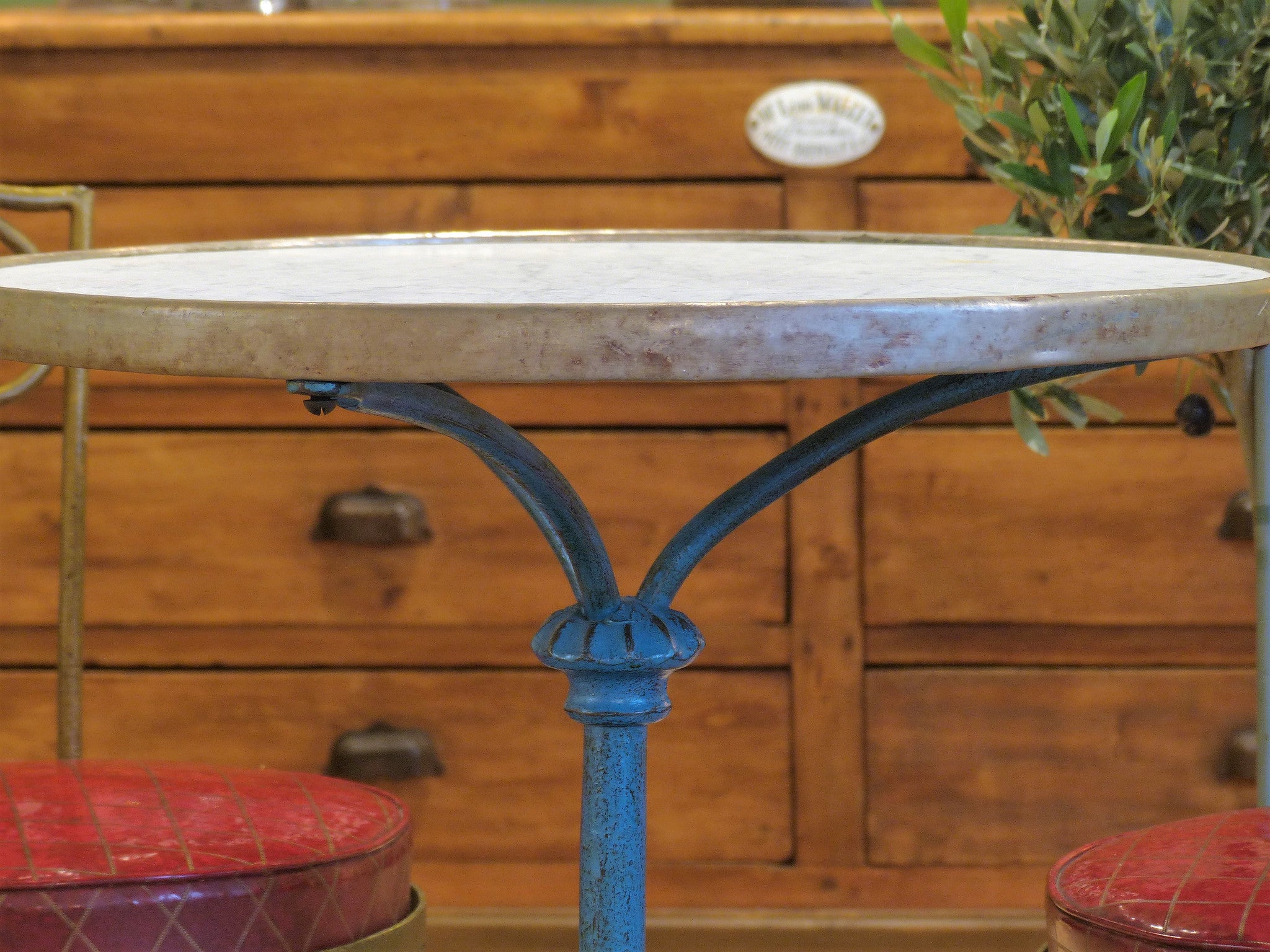 Bistro table, carrara marble, blue-green base