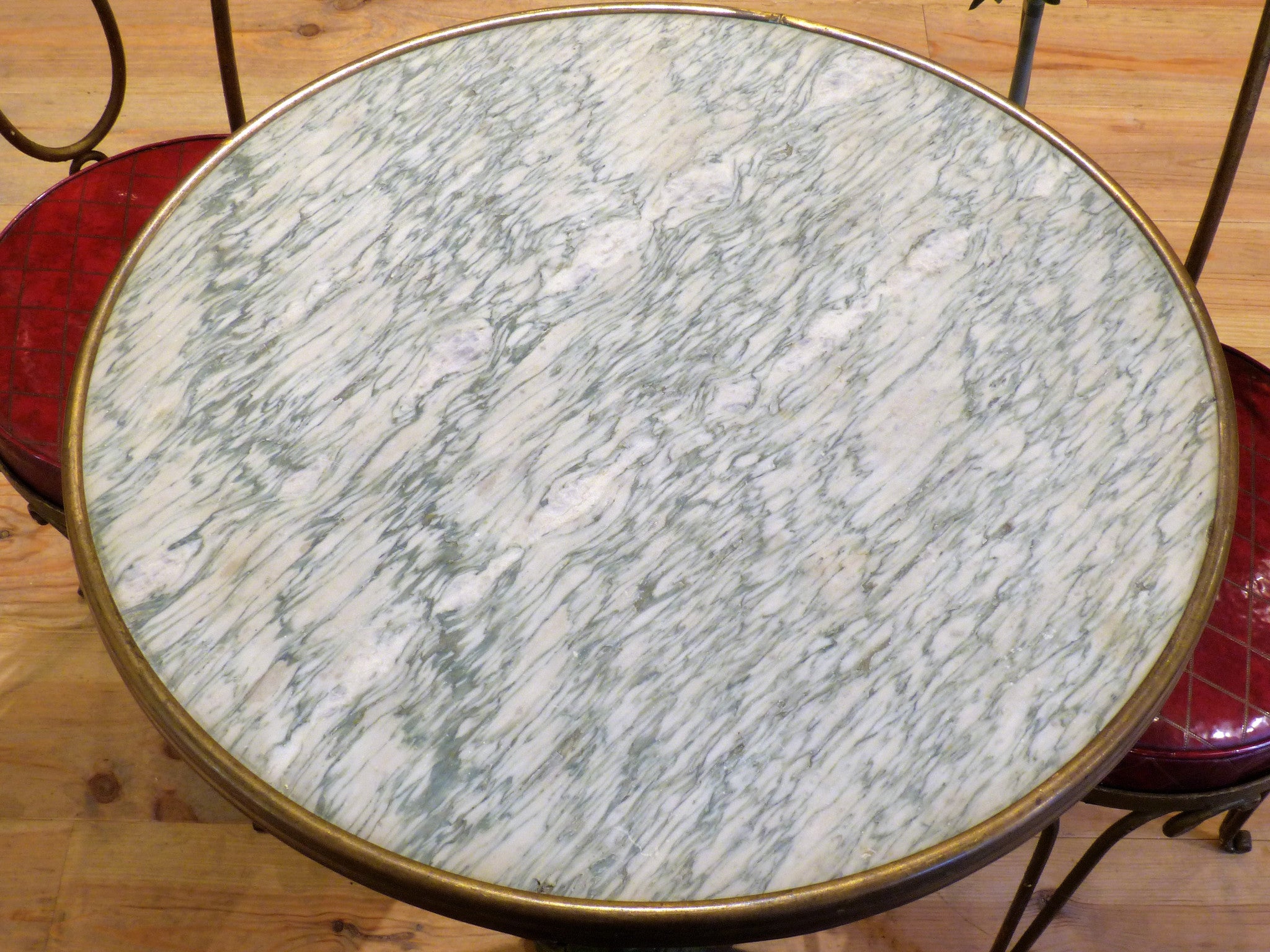 Bistro table, round marble top, green stand, Paris