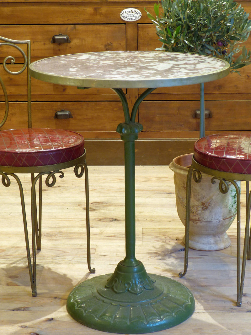 Round bistro table, marble with green stand, Paris