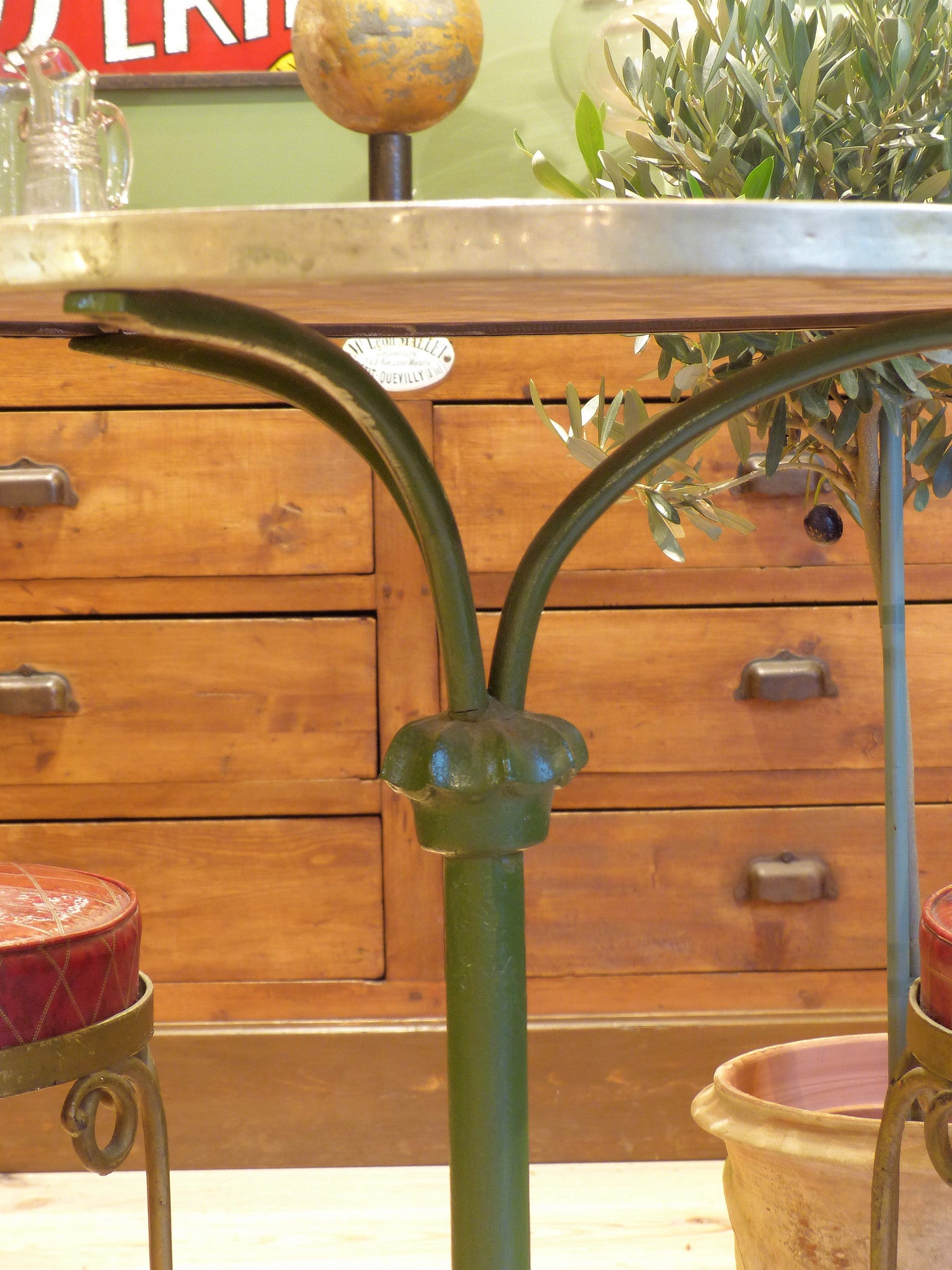 Round bistro table, marble with green stand, Paris