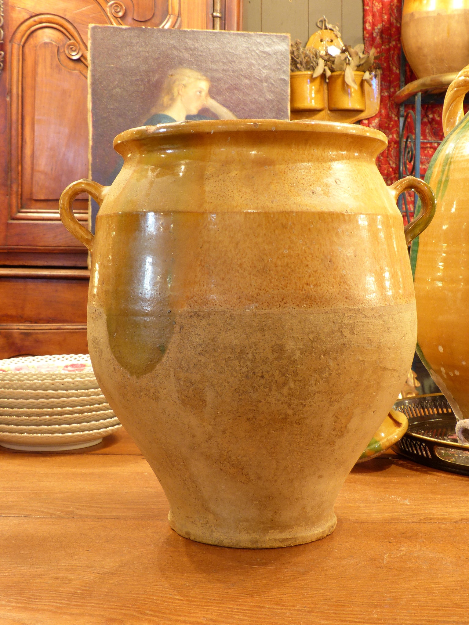 19th century confit pot with orange glaze – 13”