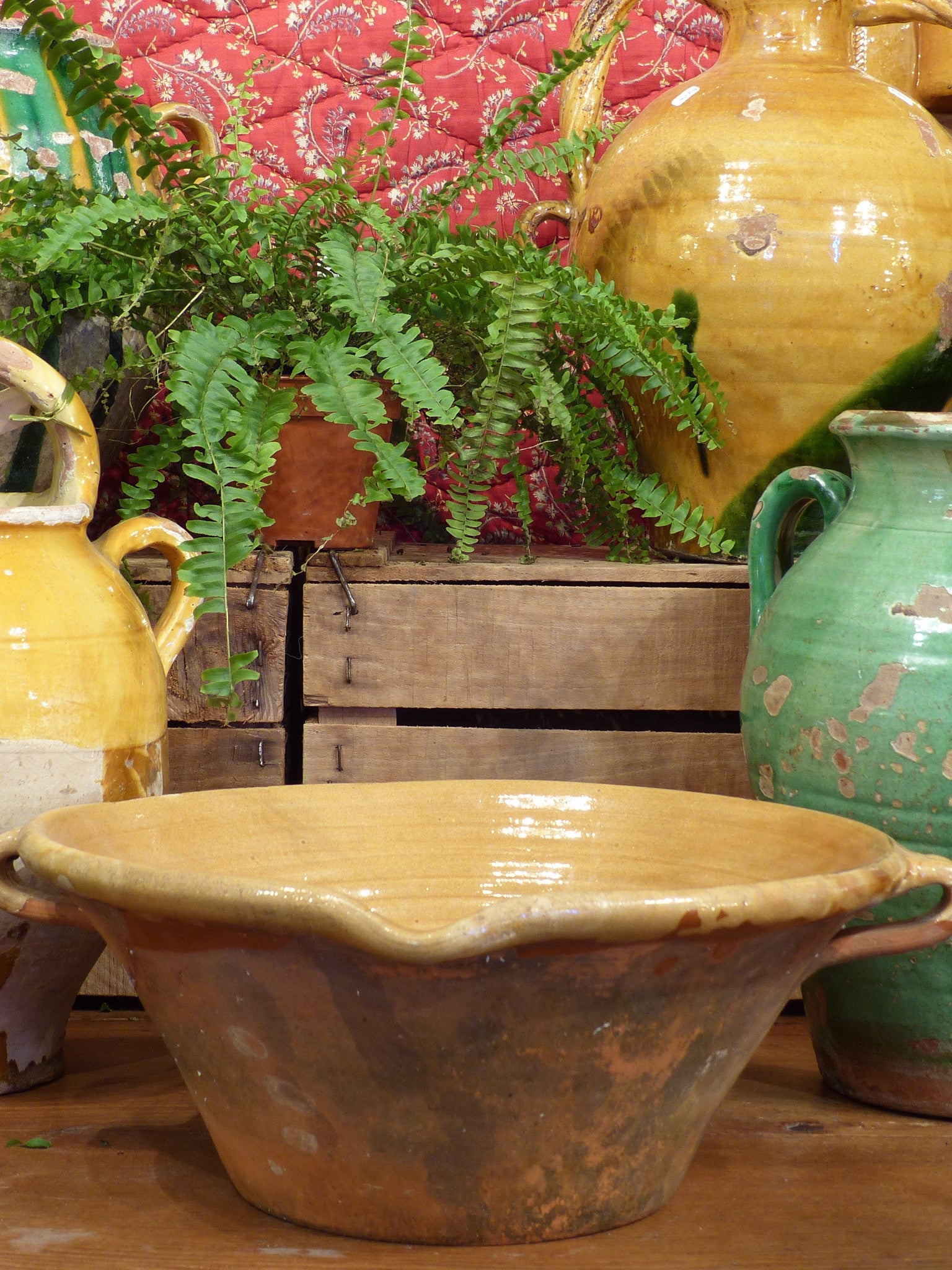 19th century French confit bowl with ochre glaze 1/2