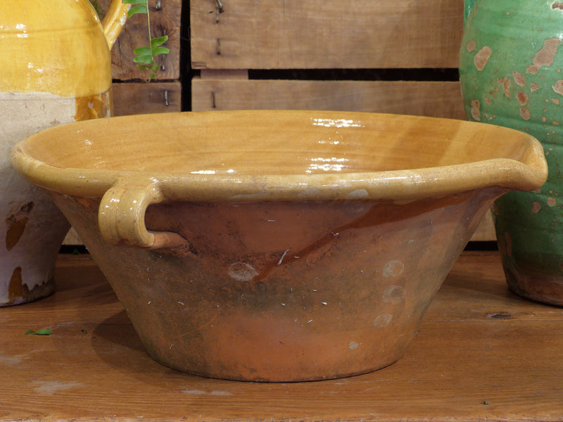 19th century French confit bowl with ochre glaze 1/2