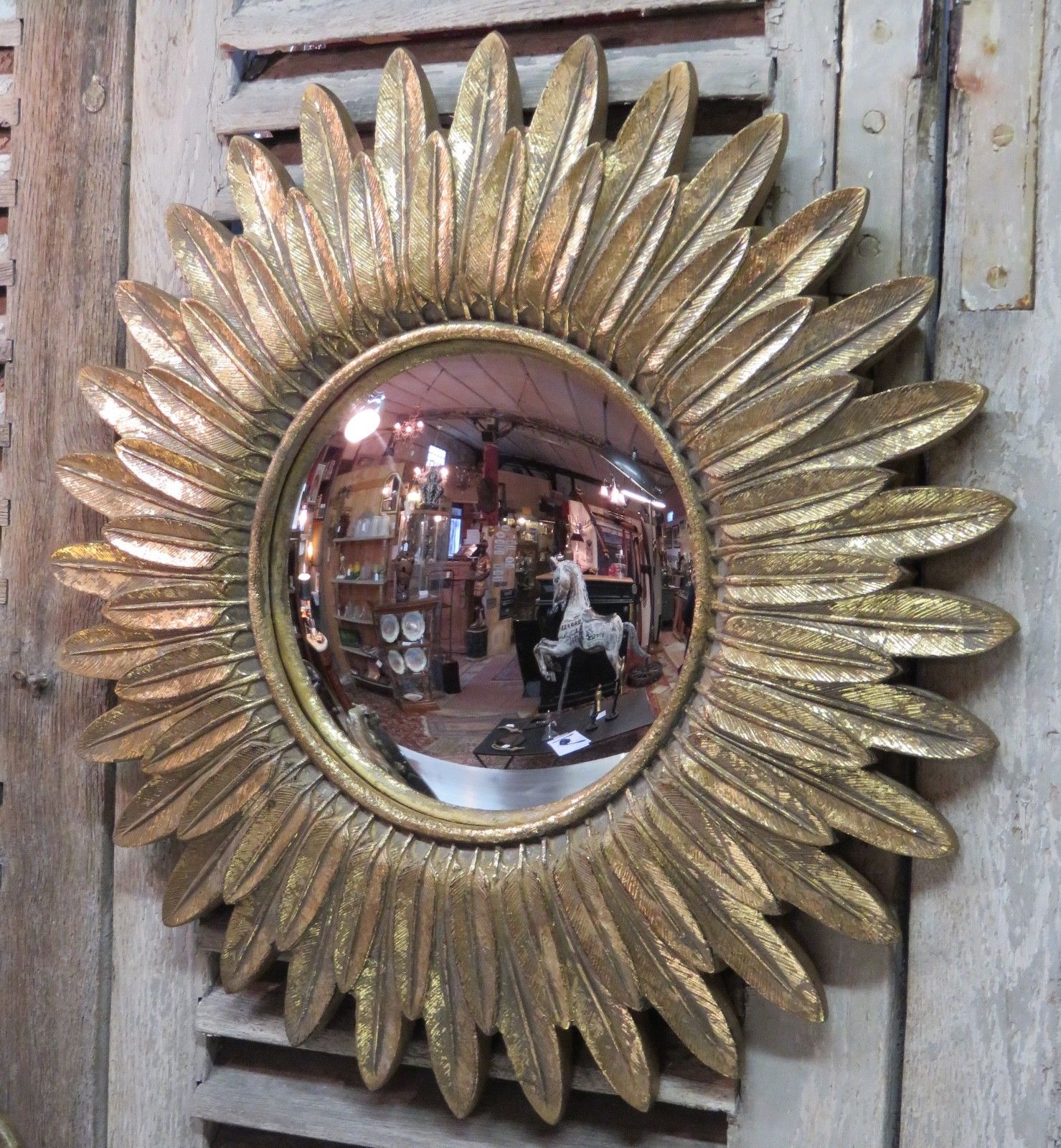 Vintage sunburst mirror - feather frame and convex mirror 23 ½'' diameter