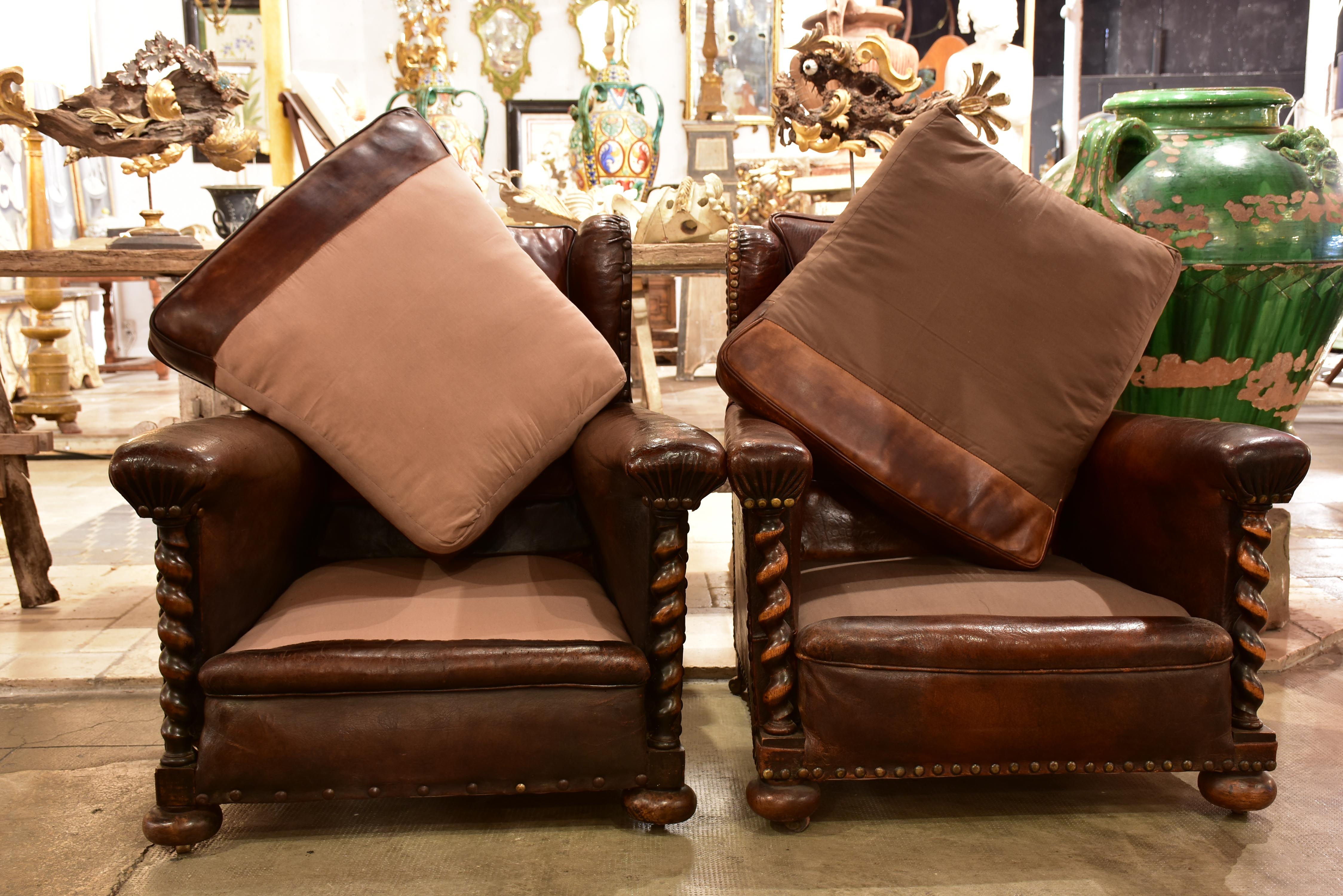 False pair of vintage French wingback club chairs