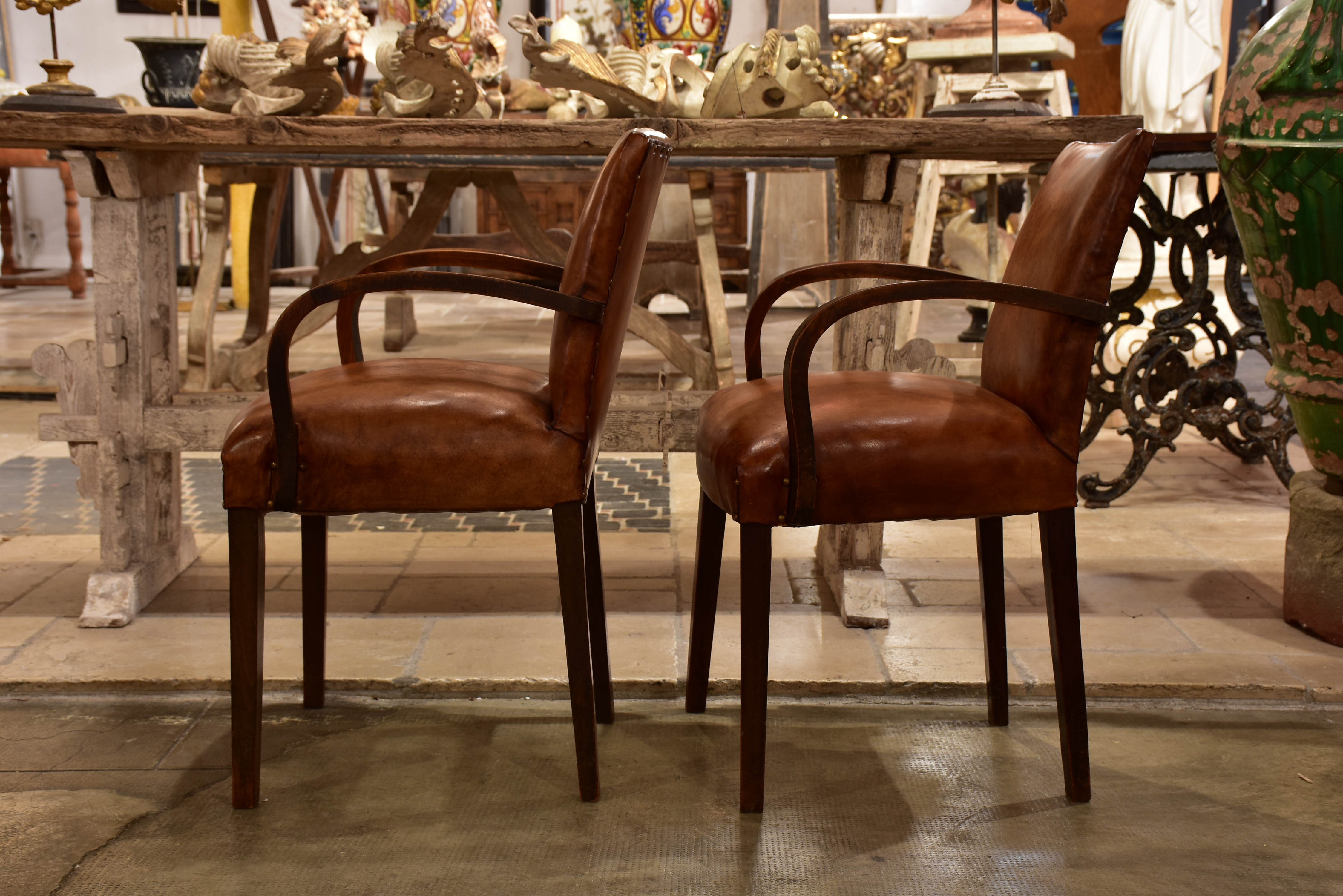 Pair of French Bridge armchairs with leather upholstery