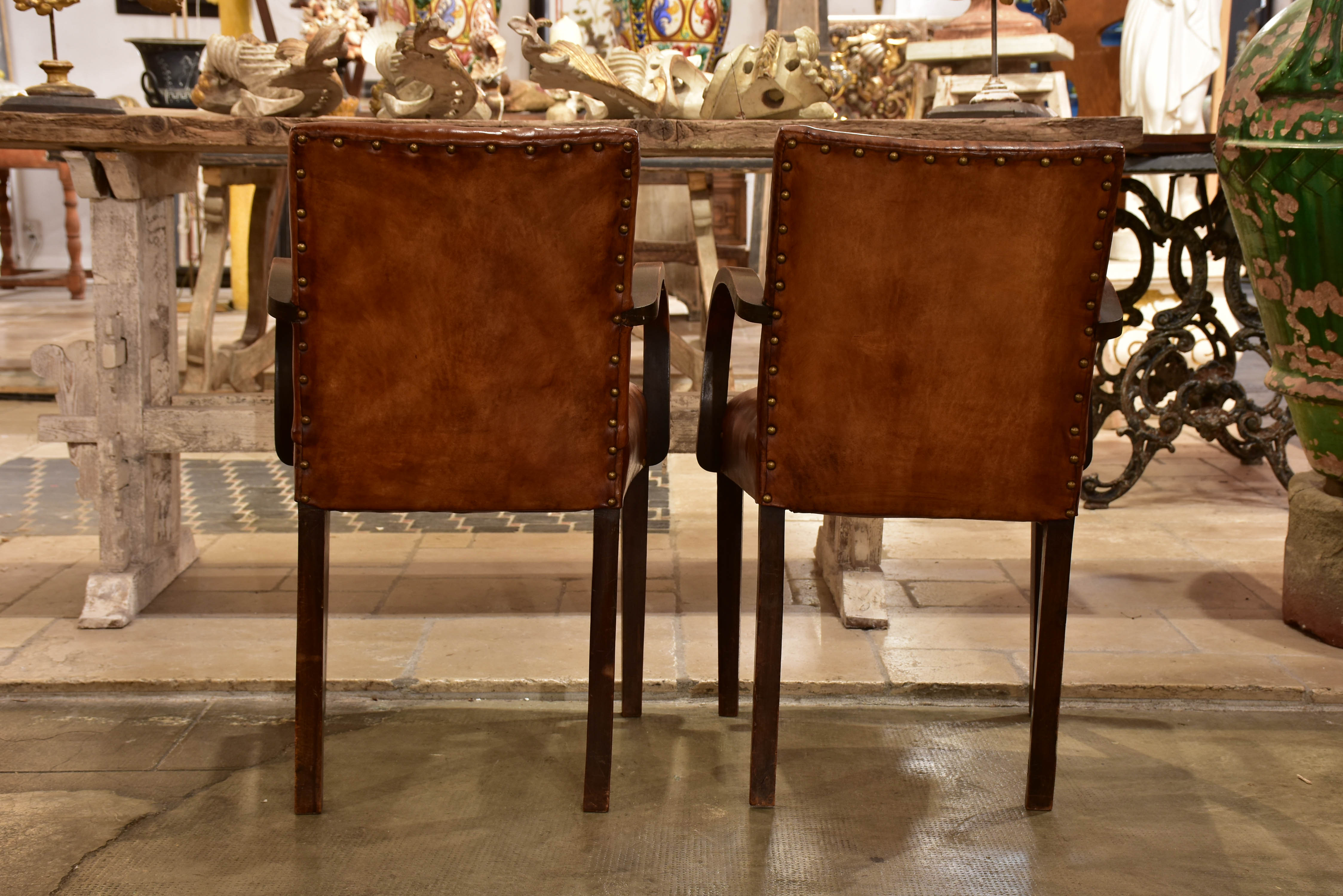 Pair of French Bridge armchairs with leather upholstery