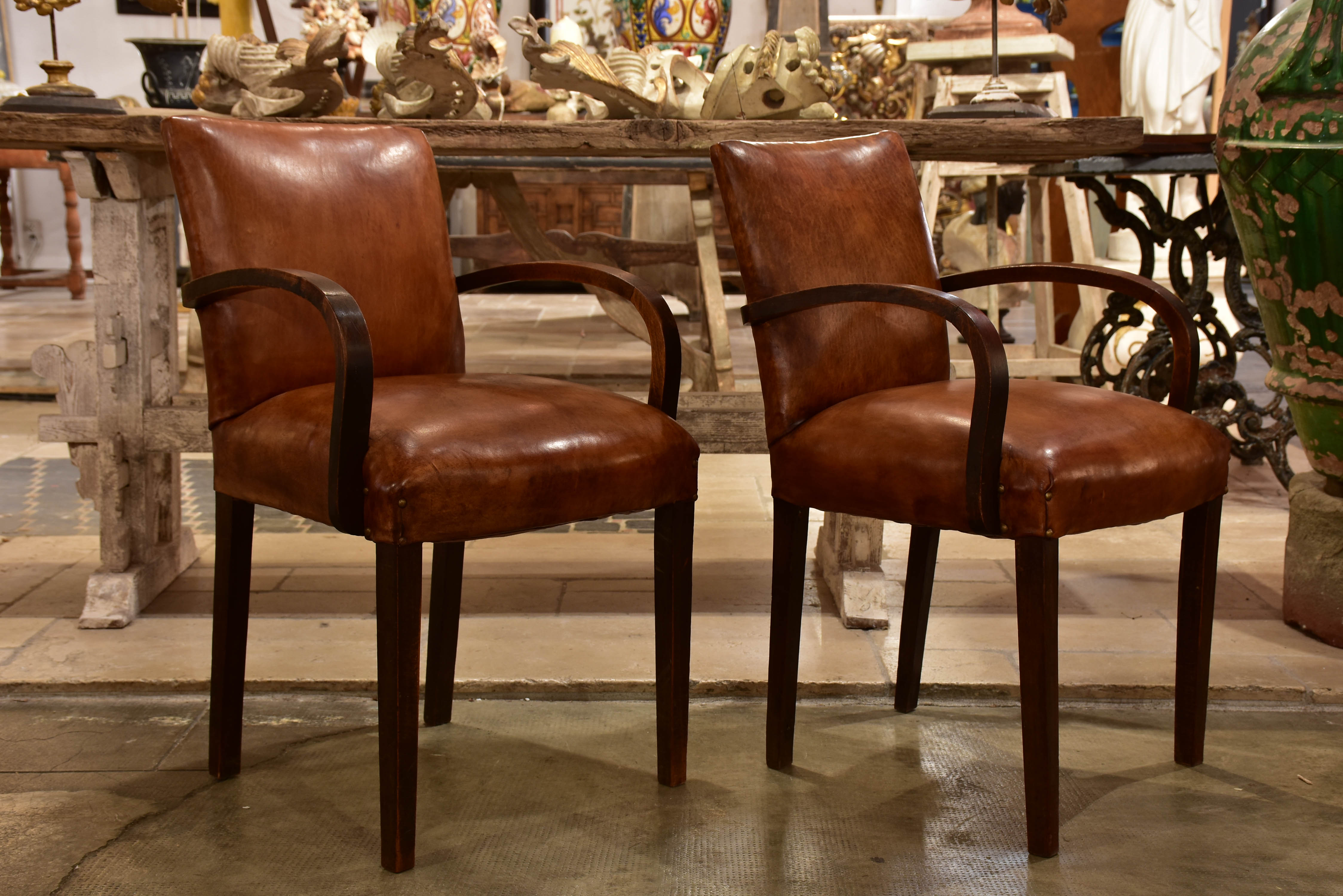 Pair of French Bridge armchairs with leather upholstery