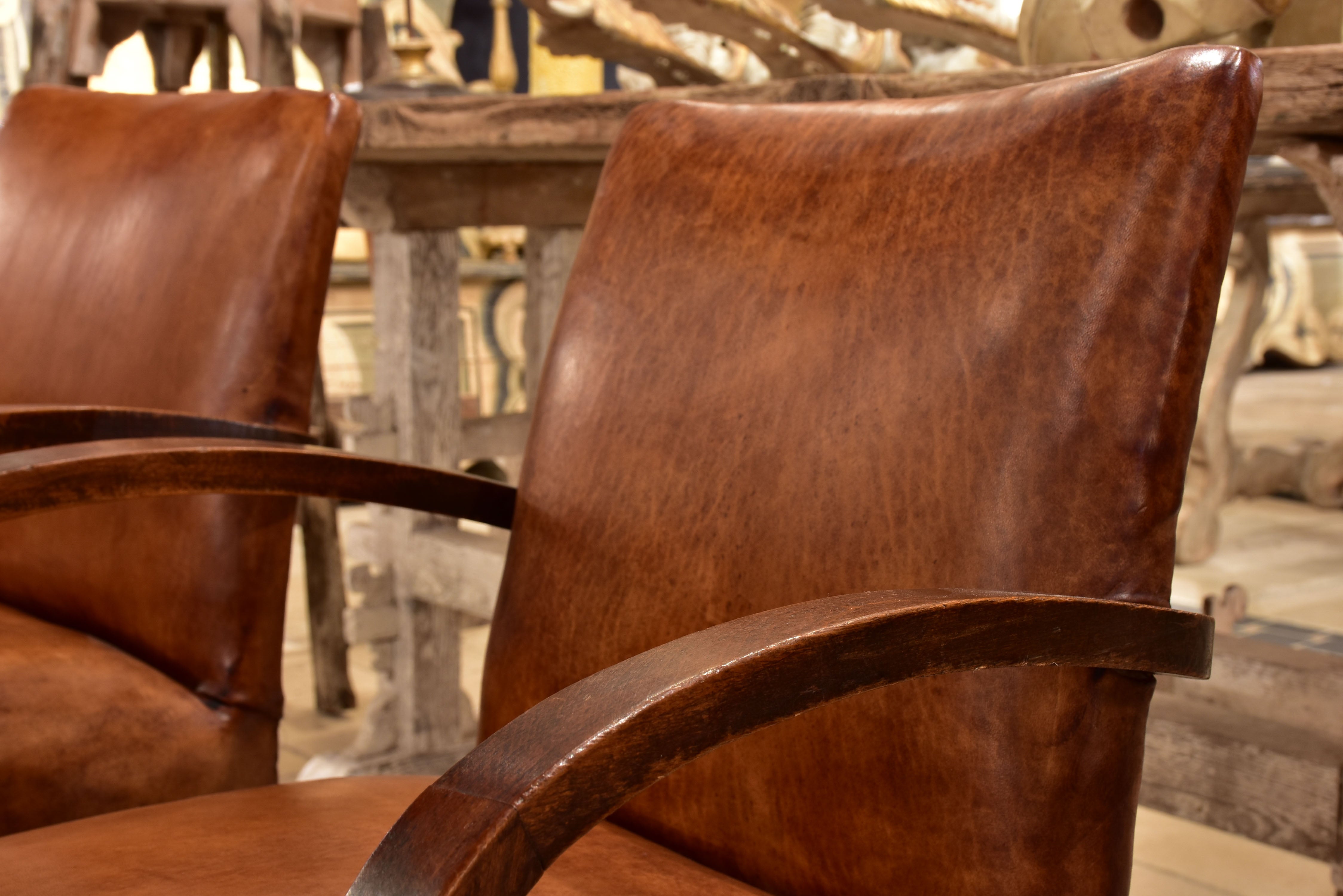 Pair of French Bridge armchairs with leather upholstery