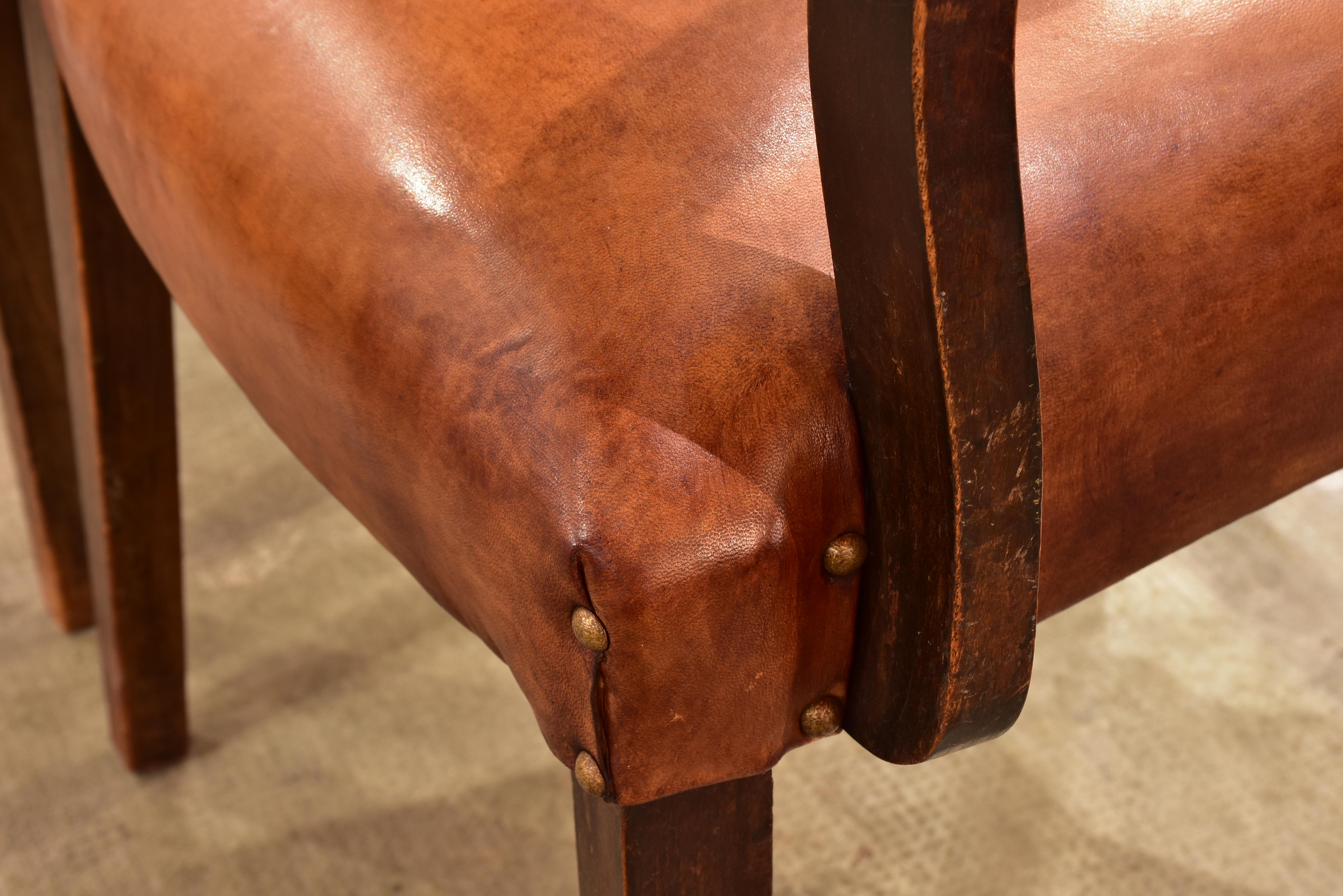 Pair of French Bridge armchairs with leather upholstery